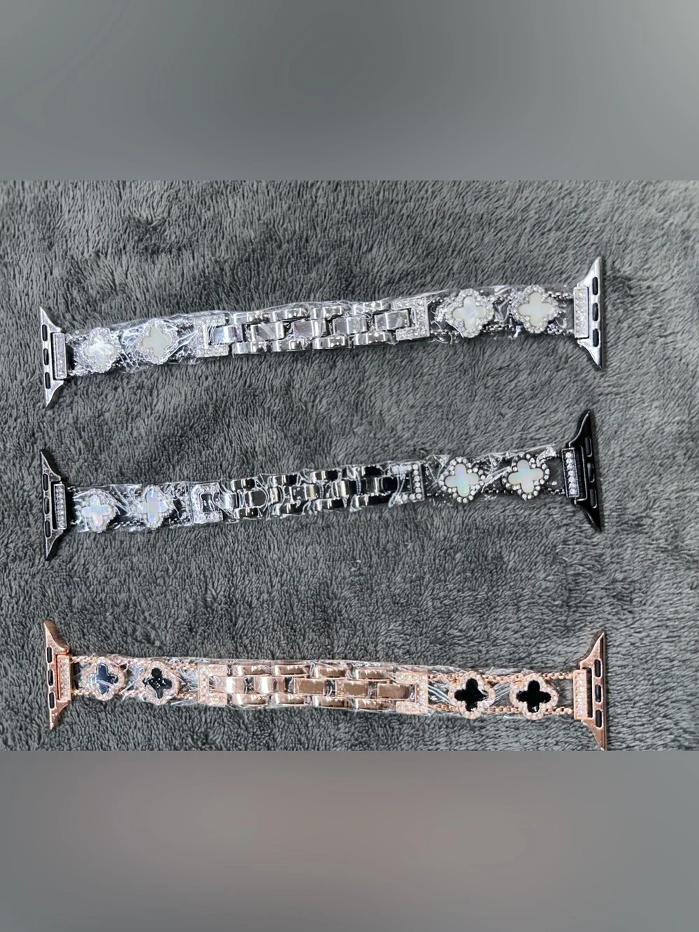 Black Decorative Apple Watch Band with Rhinestone Clover Accents